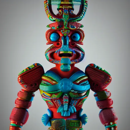 Prompt: closeup 3 d toy maori aztec god as funco toy, plastic, sss, octane 4 k render, studio lighting, artstation, cyan photographic backdrop, 1 0 5 mm, f 2. 8 aperture