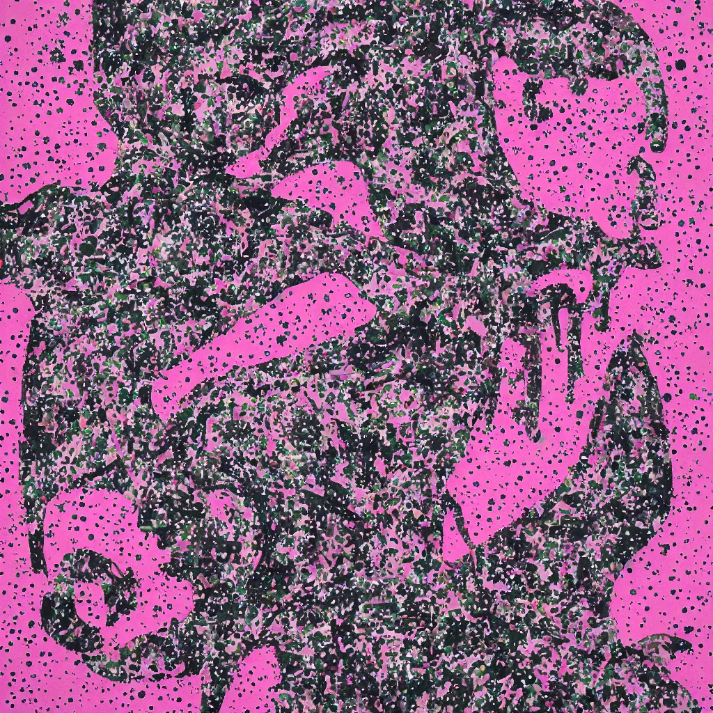 Image similar to camo made of out teeth, smiling, abstract, maya bloch artwork, pink convertible, do hoang tuong artwork, cryptic, dots, stipple, lines, splotch, color tearing, pitch bending, faceless people, dark, ominous, eerie, minimal, points, technical, old painting