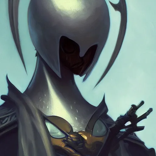 Image similar to Portrait of Hollow Knight , highly detailed, digital painting, artstation, concept art, sharp focus, illustration, art by greg rutkowski and alphonse mucha