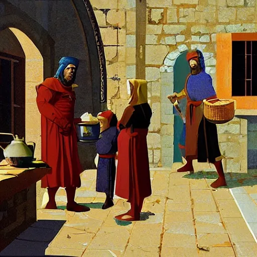 Image similar to ' a medieval turkish nobleman takes breakfast at his coastal manor with his family '. gouache matte painting by angus mcbride, 8 k, digital matte painting with high fidelity textures and figures.