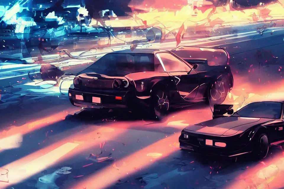 Image similar to aesthetic illustration of ryosuke takahashi with black hair, standing by his glossy mazda rx 7 on an empty highway at sunrise, cinematic lighting, initial d anime 1 0 8 0 p, detailed anime face, high detail, 9 0 s anime aesthetic, volumetric lights, rule of thirds, unreal engine 5 render, pinterest wallpaper, trending on artstation