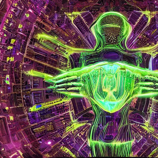 Image similar to diverse groups of humans with glowing electronic body implants projecting amazing images collectively, from behind, rebirth, beauty, wide angle, elaborate, wet, highly detailed, colors, beautiful lighting