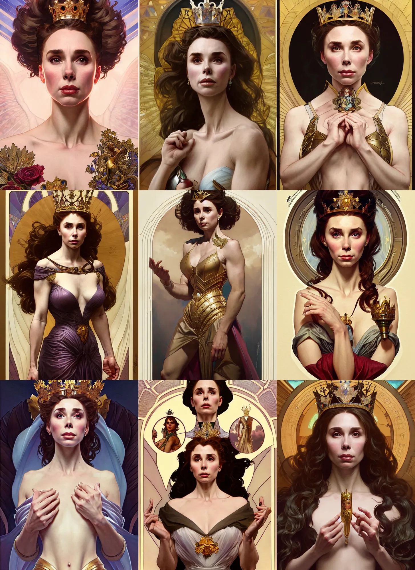 Prompt: lena paul as queen, incredibly detailed face, light half opened dress, true anatomy, symmetry, true anatomy, art by artgerm and greg rutkowski and alphonse mucha