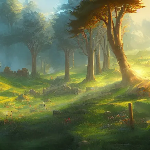 Prompt: medieval fantasy meadow landscape, digital art, andreas rocha, trending on artstation, 4k wallpaper