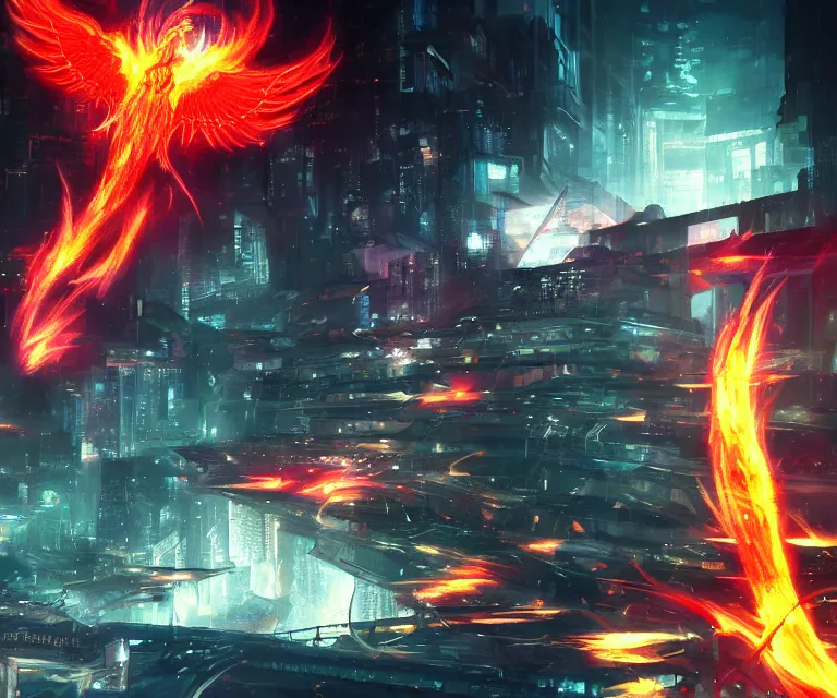 Image similar to neo tokyo, dark fantasy, concept art, video game, phoenix flames