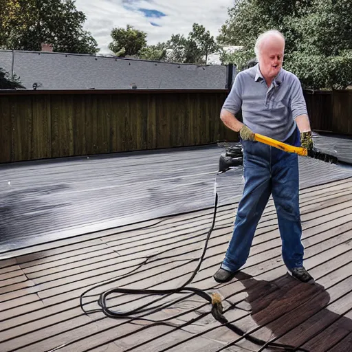 Image similar to john lithgow power washing his deck, ( sony a 7 r iv, symmetric balance, polarizing filter, photolab, lightroom, 4 k, dolby vision, photography awardm, voque, perfect face )