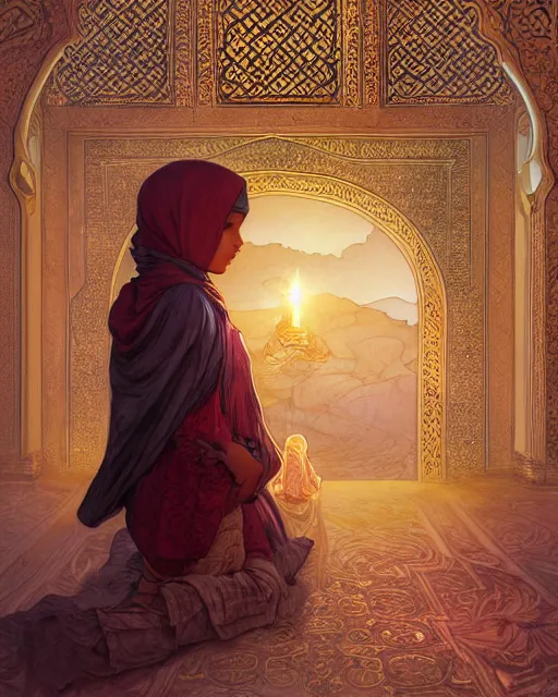 Image similar to a faceless bedouin child infront of a big open quran highly detailed, gold filigree, romantic storybook fantasy, soft cinematic lighting, award, disney concept art watercolor illustration by mandy jurgens and alphonse mucha and alena aenami, pastel color palette, featured on artstation