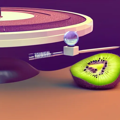 Prompt: a funny turntable with a needle on top of kiwi slice, a low poly render by tim biskup, featured on polycount, computer art, sketchfab, rendered in maya, voxel art