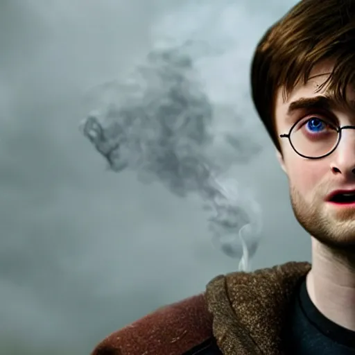 Image similar to daniel radcliffe as harry potter, smoking a fat blunt, closeup, smoke cloud, photorealistic, cinematic lighting