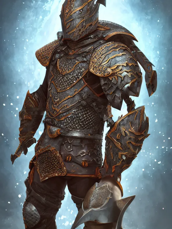 Prompt: full body frontview portrait of a warrior in shark armour, d & d character design, designed in blender, 8 k hd, octane render, intricate and highly detailed, coloured with lots of colour, pose, fantasy, sharp focus,