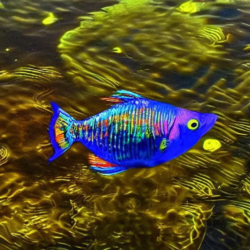 a photo of a rainbow fish swimming in a pond