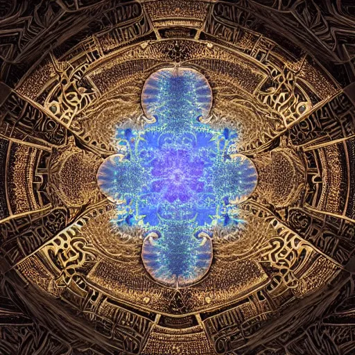 Image similar to a beautiful 3 d painting of a sprawling intricate mandelbrot fractal cathedral populated by fractals by android jones, carved soap, white color scheme, unreal engine, volumetric lighting, dynamic lighting, dramatic lighting, high contrast, depth of field, carved marble, opalescent, sacred geometry, religious, angelic, catholicpunk, stark, trending on artstation