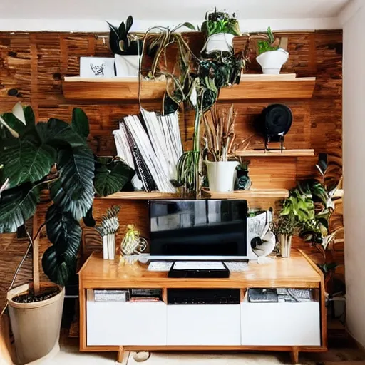 Image similar to living room interior design with style of japandi, light, ikea, warm wood, urban jungle plants, functional, music, art wall, music instruments, music records