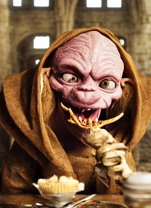 Image similar to closeup portrait of a medieval goblin eating cakes in the cloisters, depth of field, zeiss lens, detailed, symmetrical, centered, fashion photoshoot, by Annie Leibovitz and Steve McCurry, David Lazar, Jimmy Nelsson, Breathtaking, 8k resolution, extremely detailed, beautiful, establishing shot, artistic, hyperrealistic, beautiful face, octane render