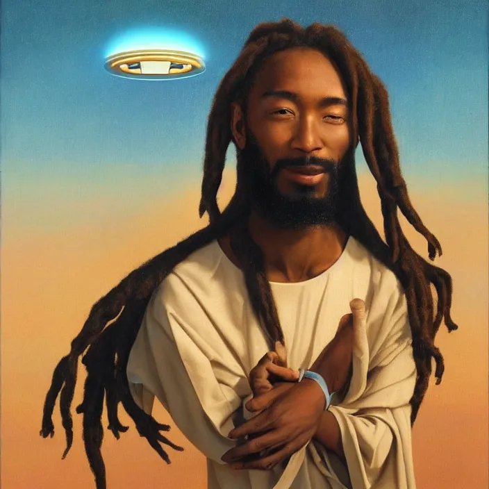Prompt: UFO hovering around an African Jesus with dreadlocks, portrait painting by Hsiao-Ron Cheng,