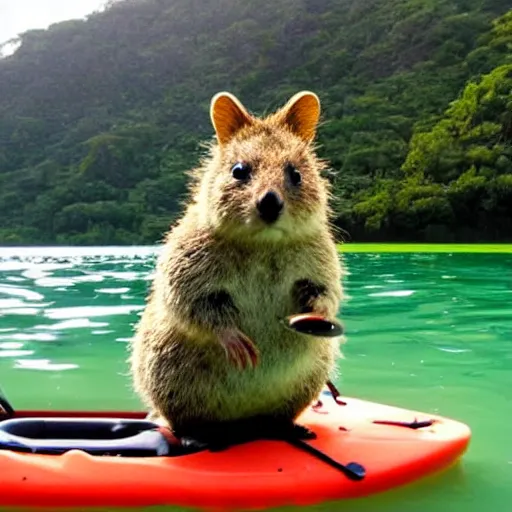 Image similar to a quokka paddling a kayak on a lake