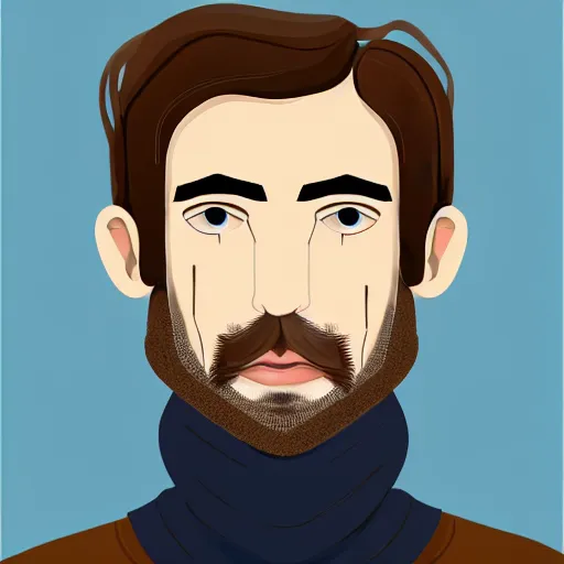 Prompt: gangly man with short light brown wavy hair, light brown stubble thin beard, no mustache, English heritage, blue eyes, middle aged, wearing a turtleneck and jacket, pale skin, narrow face, digital art, painterly, cartoon, cute, 8k, illustration, art by loish, painterly, trending on artstation, medium shot, uncropped