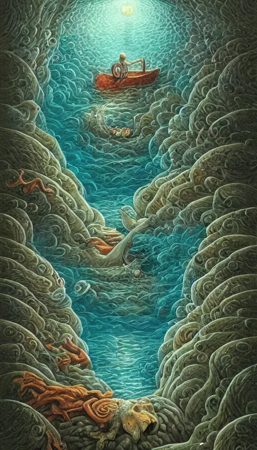 Image similar to man on boat crossing a body of water in hell with creatures in the water, sea of souls, by naoto hattori