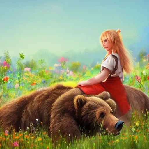 Image similar to girl riding a giant grizzly bear in a field of flowers, trending on artstation