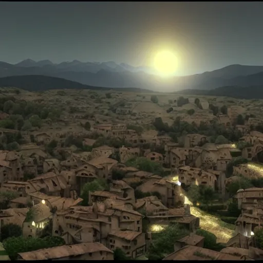 Prompt: dark solar eclipse, above a village, highly detailed, studio 4 k quality, by vittorio matteo corcos