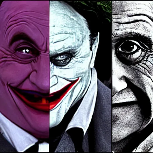 Image similar to Danny Devito as The Joker, still image from Batman movie, shot of face