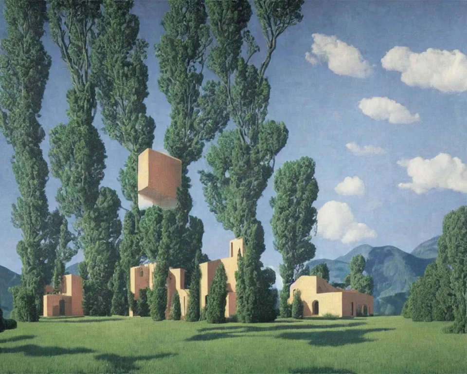 Prompt: an enchanting interstellar villa hidden in the valley time forgot by Rene Magritte and Giovanni Paolo Panini.