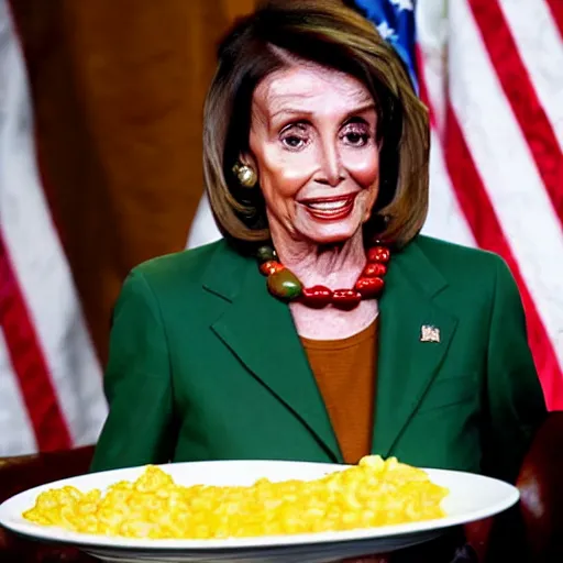 Prompt: a photograph of nancy pelosi wearing an army uniform while eating a large plate filled with scrambled eggs