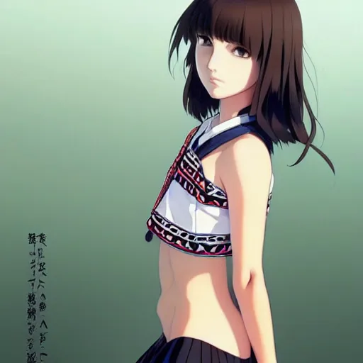 Image similar to a beautiful! boyish! natalie portman alluring gravure! model, wearing japanese school girl outfit with mayan pattern and native style, aztec street fashion, gapmoe yandere grimdark, trending on pixiv fanbox, painted by greg rutkowski makoto shinkai takashi takeuchi studio ghibli, akihiko yoshida