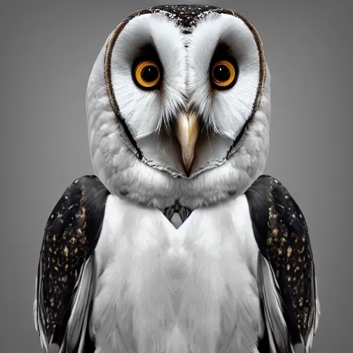 Image similar to anthropomorphic barn owl with a cute suit and neck - tie, digital art, black and white feathers