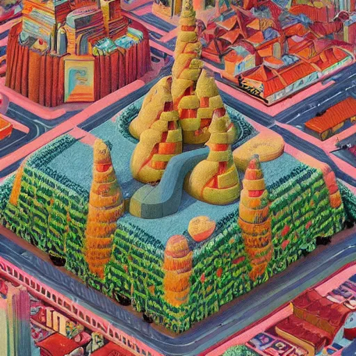 Prompt: The land art depicts a city made entirely out of kulich, a traditional Russian Easter bread. The city is bustling with activity, as people go about their day-to-day lives. The illustration is playful and whimsical, with a touch of magic. by Franz Sedlacek