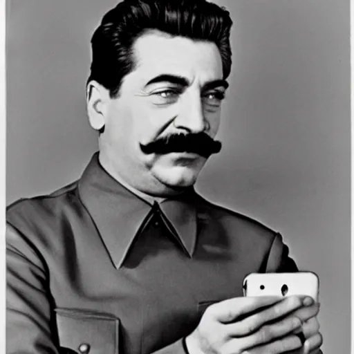 Prompt: Stalin holding an iPhone, studio photography, 1940