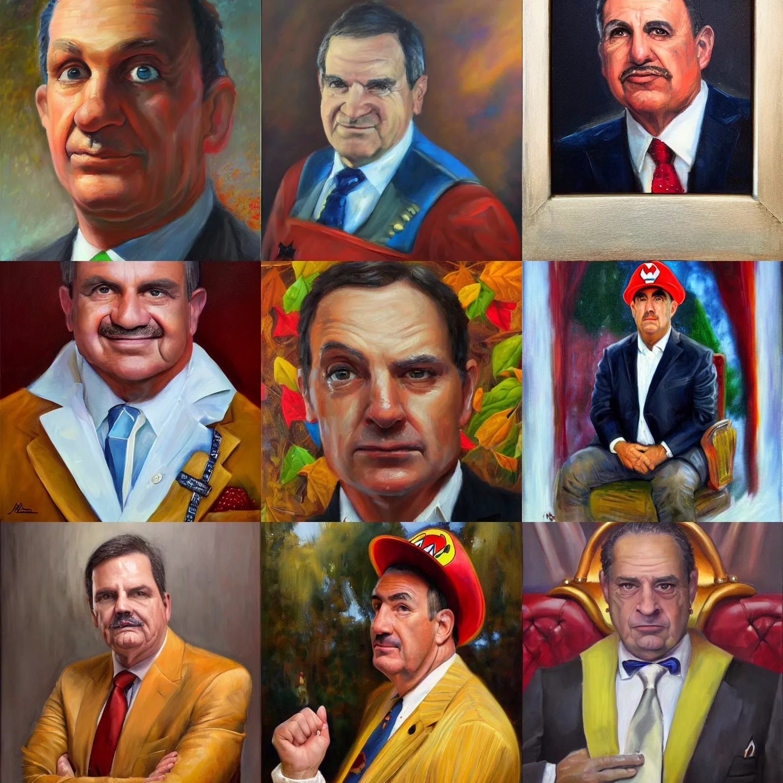 Prompt: stunning portrait of John Barilaro the Australian politician as Super Mario by Mark Arian, oil on canvas, masterpiece, realism, piercing gaze, autumn bokeh