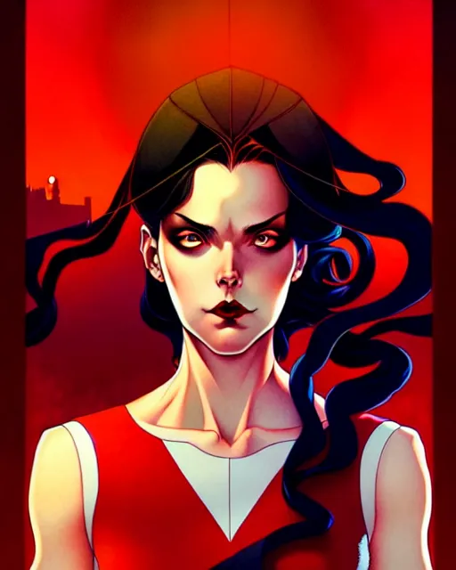 Image similar to artgerm, joshua middleton comic cover art, joanne calderwood, red dress, symmetrical eyes, symmetrical face, long curly black hair, dark castle background background, cinematic lighting