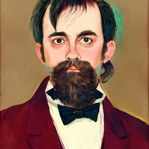 Image similar to Portrait of a handsome man with thick mutton chops. shaved chin, wearing a suit. colorful necktie, pale white face, long messy hair, long hair, ((red)) baggy eyes, tired eyes, tired face, disco smile, watercolor, brushstrokes, high detail, artstation, medium detail, by Ilya Repin and Dave McKean