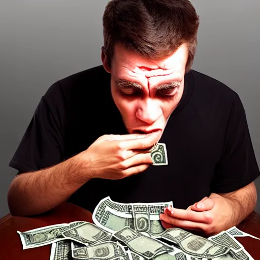 Image similar to portrait of a broken man eating money, wax figure