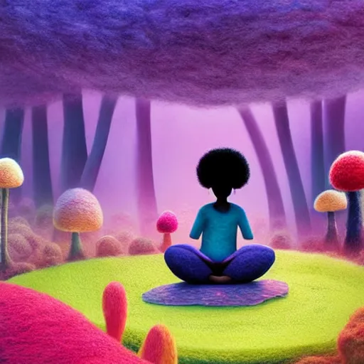 Image similar to a black girl with a colorful afro and big beautiful eyes meditating in a mushroom zen garden, bokeh, bright colors, synthwave, watercolor, volumetric wool felting, macro photography, children illustration, by goro fujita