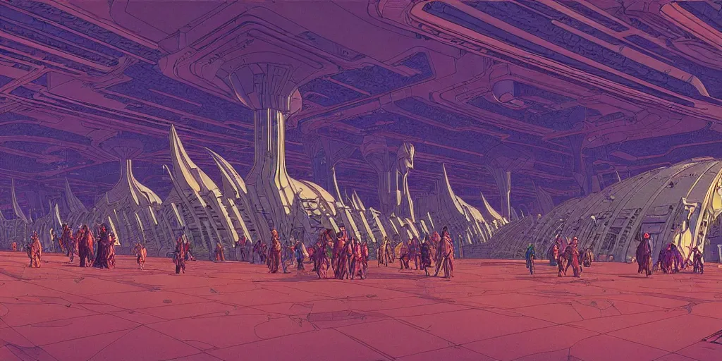 Prompt: cel shaded cinematic shot of the interior of a sci-fi space station with ornate Elven architecture bustling with people, epic castle, emerald, crystalline, detailed illustration, sharp focus, concept art by Moebius, Jean Giraud Moebius