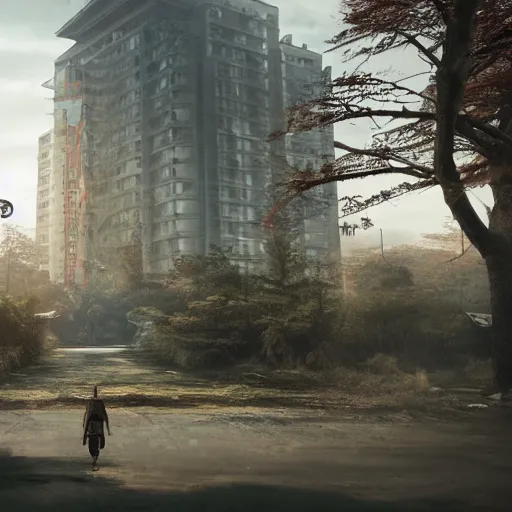 Prompt: samurai staying in front of abandoned hospital in woods, matte painting, hyper realistic render, cryengine, unreal engine, cyberpunk, dark art, digital art