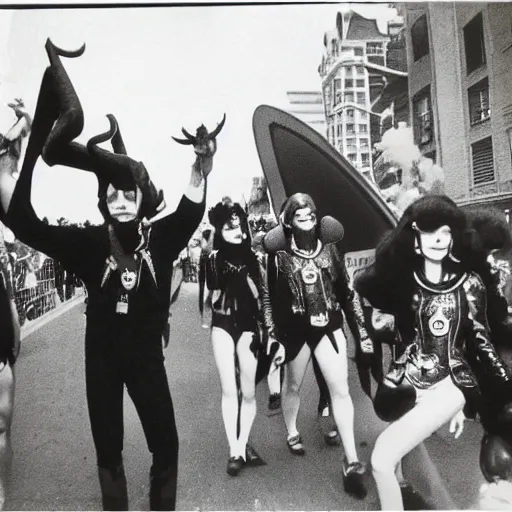 Image similar to Satanic States of America, alternate history, Satanic parade, 1976, cheering crowds, Baphomet float, 70s fashion, Polaroid