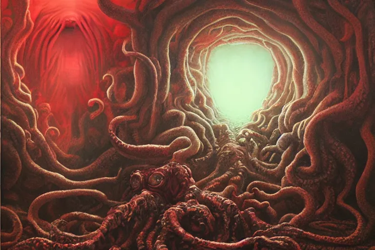 Prompt: a realistic painting of a lovecraft cthulhu creature inside a singular portal hell gate, shining its light across a tumultuous sea of red fluids and skulls by zdzisław beksinski and h. r. giger, translucent, photorealistic, hyperrealism, high resolution, ultra - detailed, trending on artstation