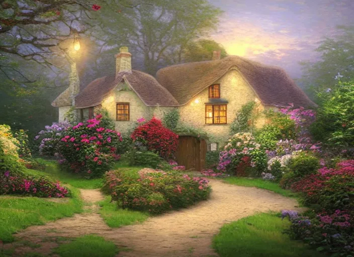 Prompt: beautiful english cottage in the country, 8 k, matte painting, in the style of artist, thomas kinkade