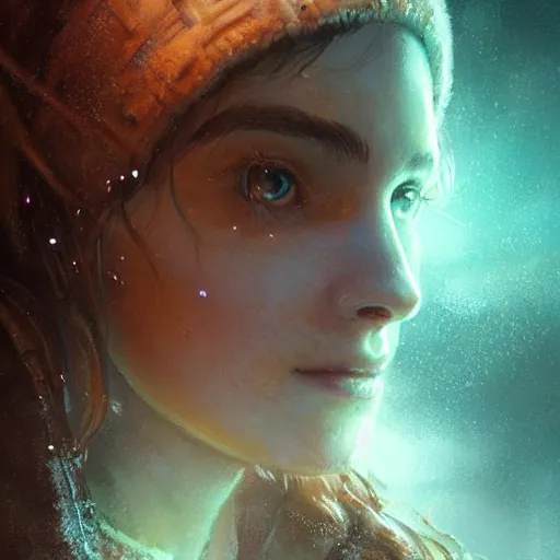 Image similar to young woman with wavy brown hair with a scar across his left eye is legendary, frostpunk, high detail, concept art, frosty, neon color, vivid color, floating particles, glowing green eyes, spiral smoke, background by john harris + andreas rocha, artwork by charlie bowater + artgerm + anato finnstark + ross tran