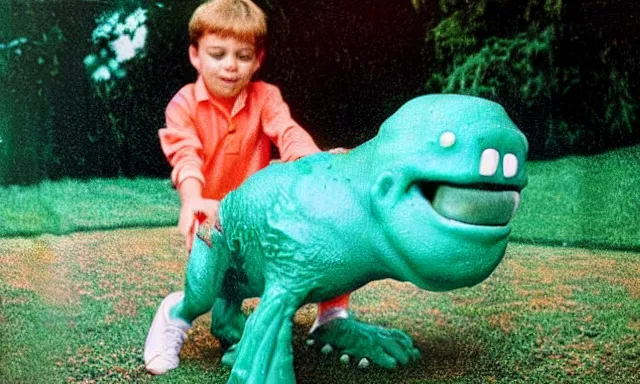 Image similar to kid playing with slime monster, realistic, toy commercial photo, photo from the 80s