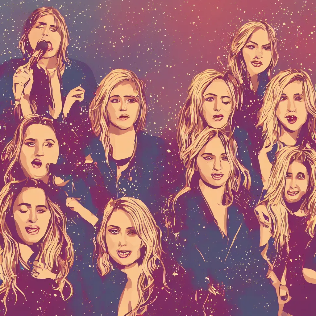 Prompt: illustration of a pop rock music group with two woman singers with blonde hair and one woman singer with brown hair, digital art, shiny soul, consciousness, 4 k