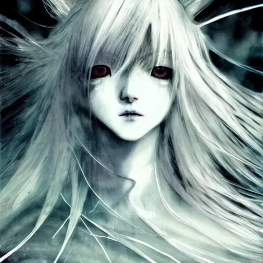 Image similar to Yoshitaka Amano blurred and dreamy illustration of an anime girl with wavy white hair and cracks on her face wearing Elden ring armour with the cape fluttering in the wind, abstract black and white patterns on the background, noisy film grain effect, highly detailed, Renaissance oil painting, weird portrait angle