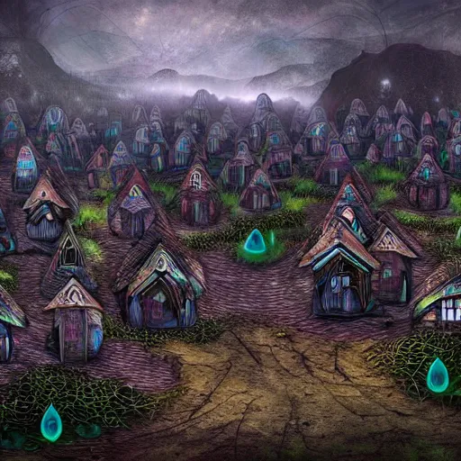 Prompt: psychedelic mushroom houses, post - apocalyptic, dark fantasy, liminal space, dark paradise, digital art, 4 k