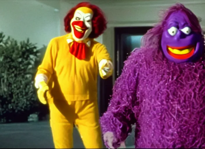 Image similar to film still of ronald mcdonald and grimace in a 1 9 8 0 s slasher movie