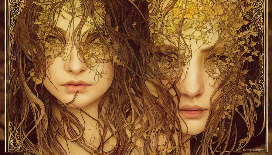 Image similar to golden leaves at frame border, creative!!! composition for a book cover!!!, absurdly beautiful, ultrafine hyperrealistic detailed old!! witch face by wlop and alphonse mucha and greg rutkowski, intricate linework, sharp focus, smooth, octopath traveler, final fantasy, unreal engine, dramatic lighting, ethereal, 8 k