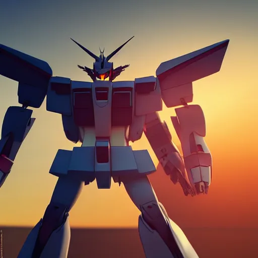 Image similar to 3 d render of a gundam, cinematic lighting, superb resolution, sunset, dreamy