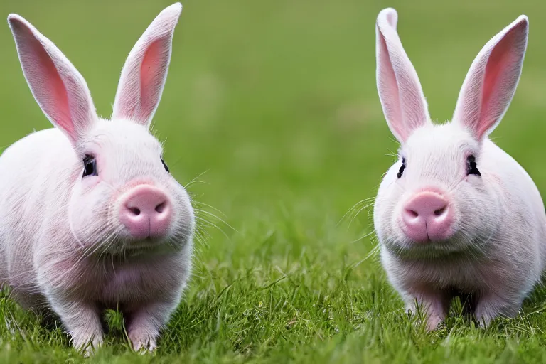 Prompt: a bunny pig hybrid on a grassy field, hyperrealistic, realistic lighting, wildlife photography, natural colors, national geographic photo, hd, wide angle, 8 k, sigma 8 5 mm f 1. 4